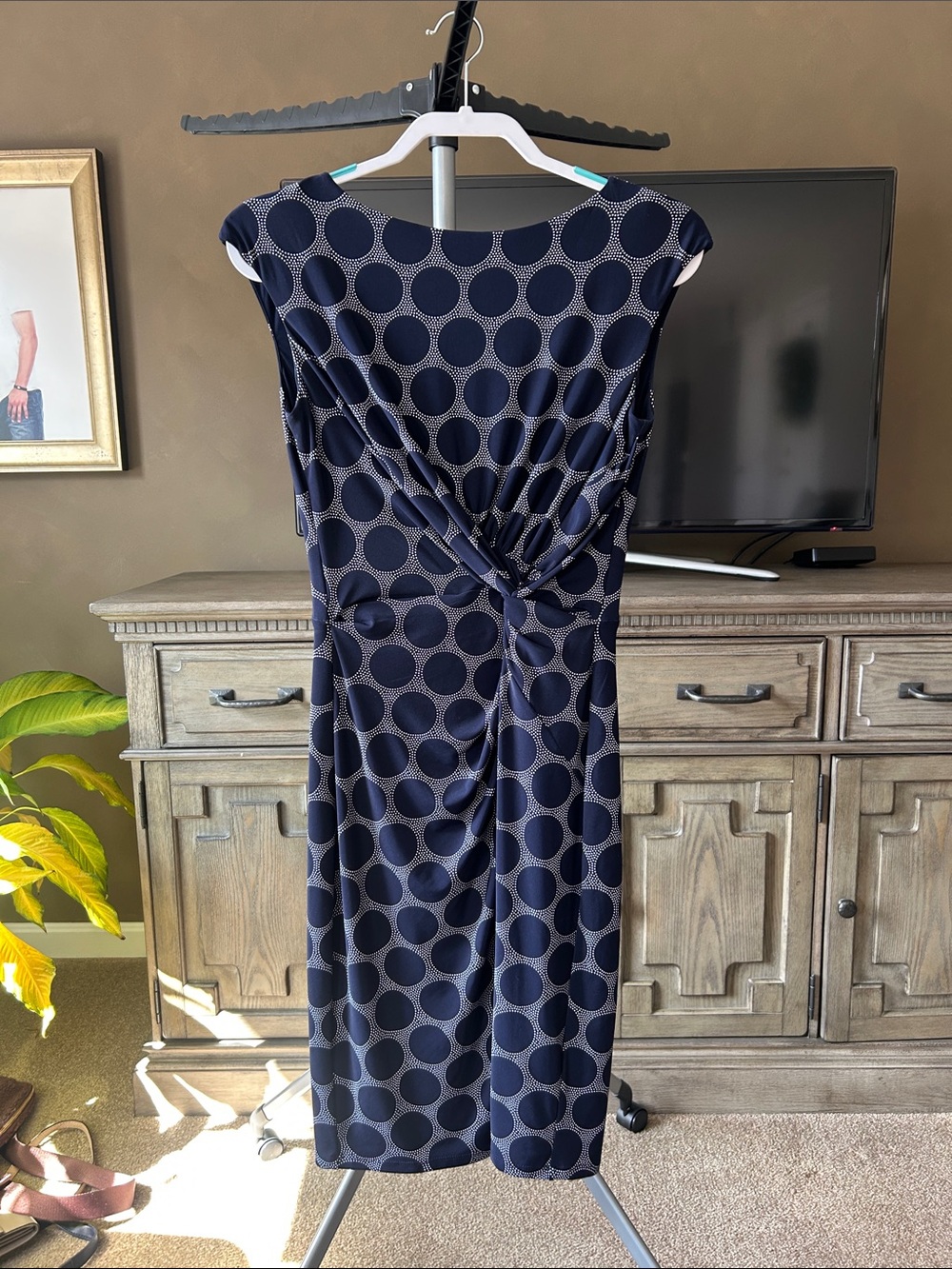 Lauren Ralph Lauren Navy and White Polka Dot Twist-Front Midi Dress